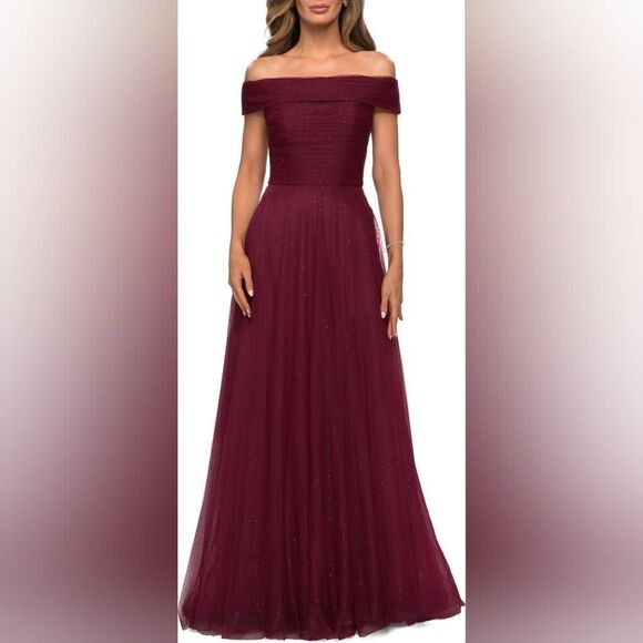 NWT LA Femme Embellished Off the Shoulder Mesh Gown - Picture 1 of 6